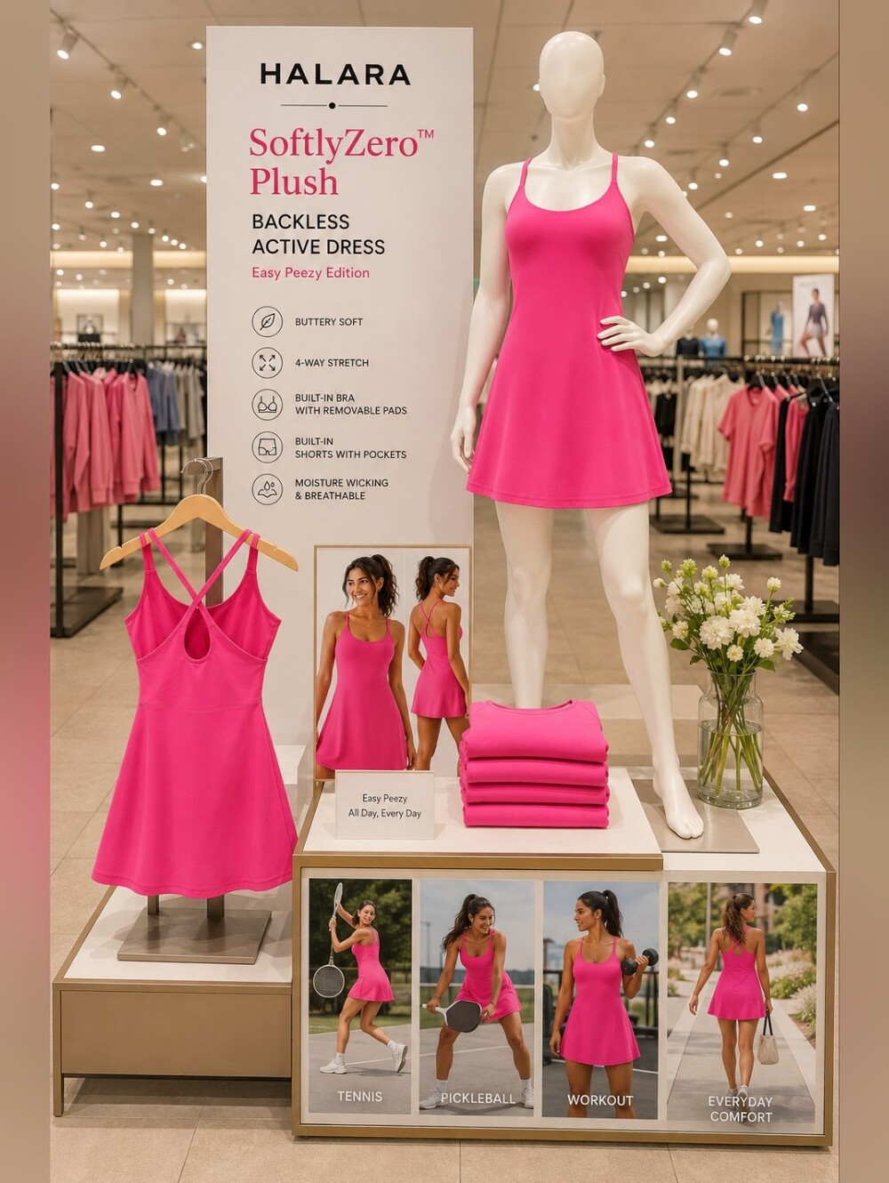 💞NWOT💞Halara SoftlyZero Plush Backless Active Tennis Dress Fuchsia Pink Size L